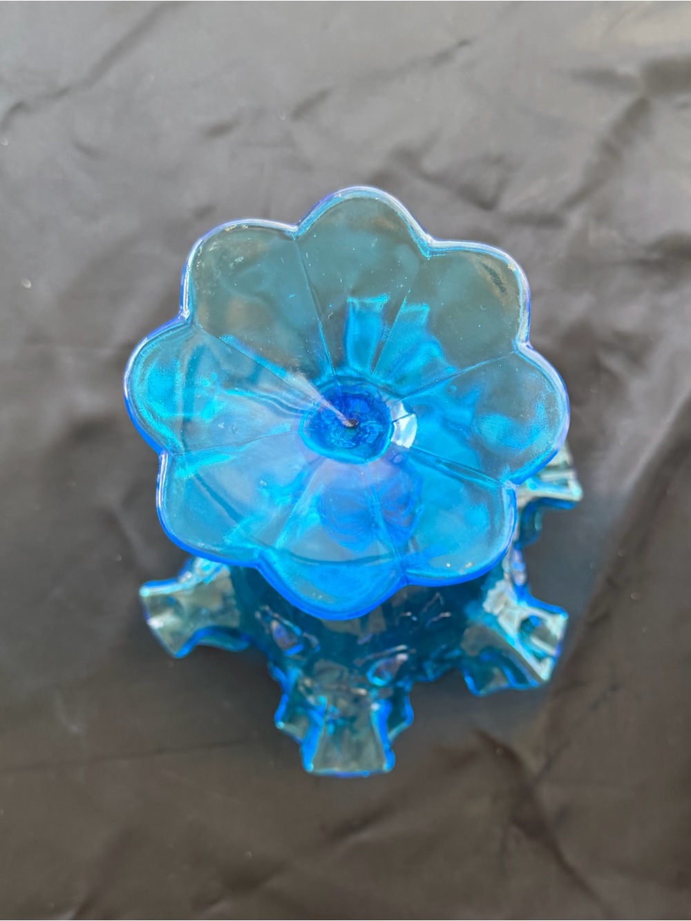 Fenton Cabbage Ruffled Blue Candy Dish - Picture 3 of 5